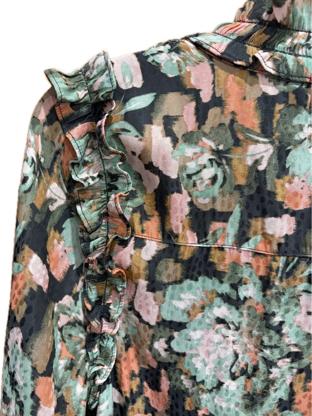Democracy Floral Ruffle V-Neck Blouse S - Picture 7 of 14